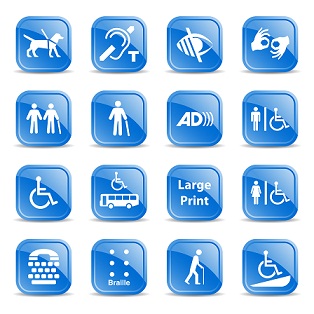 Various signs of accessibility - service dog, hearing, vision, interpreting, companion, mobility, accessible transporation, large print, female accessible rest room, TTY, braille, inclined route