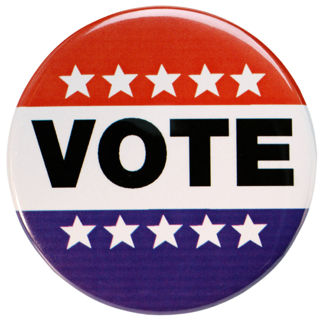 red, white, and blue button with stars reads "VOTE"